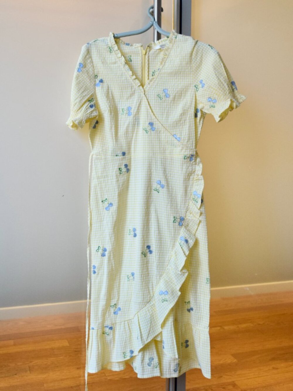 Yellow Plaid Blue Cherry Midi Dress Short Sleeve - Roem